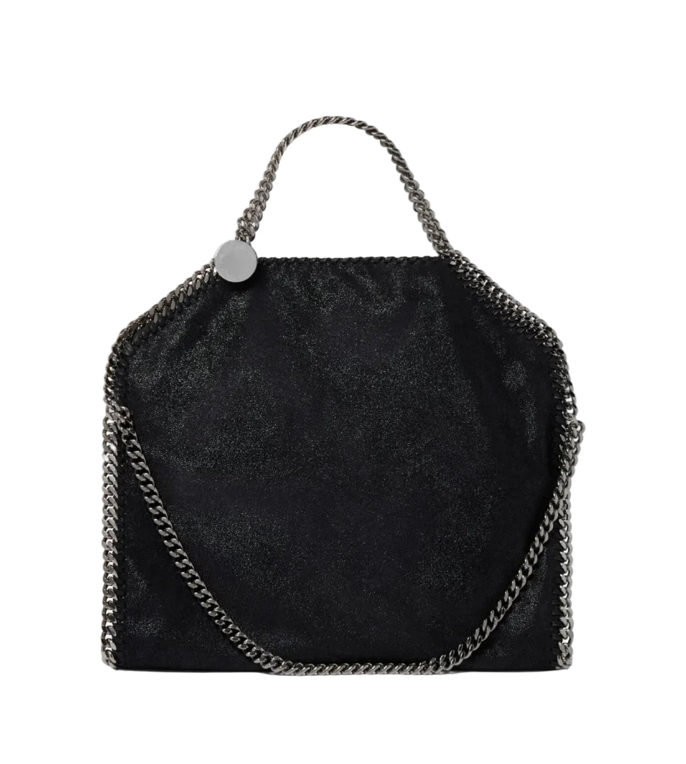 The Stella McCartney Falabella Fold Over Tote is a black, rectangular vegan bag made from recycled plastic bottles, featuring a metallic chain handle and trim with a slight sheen, shown against a white background.