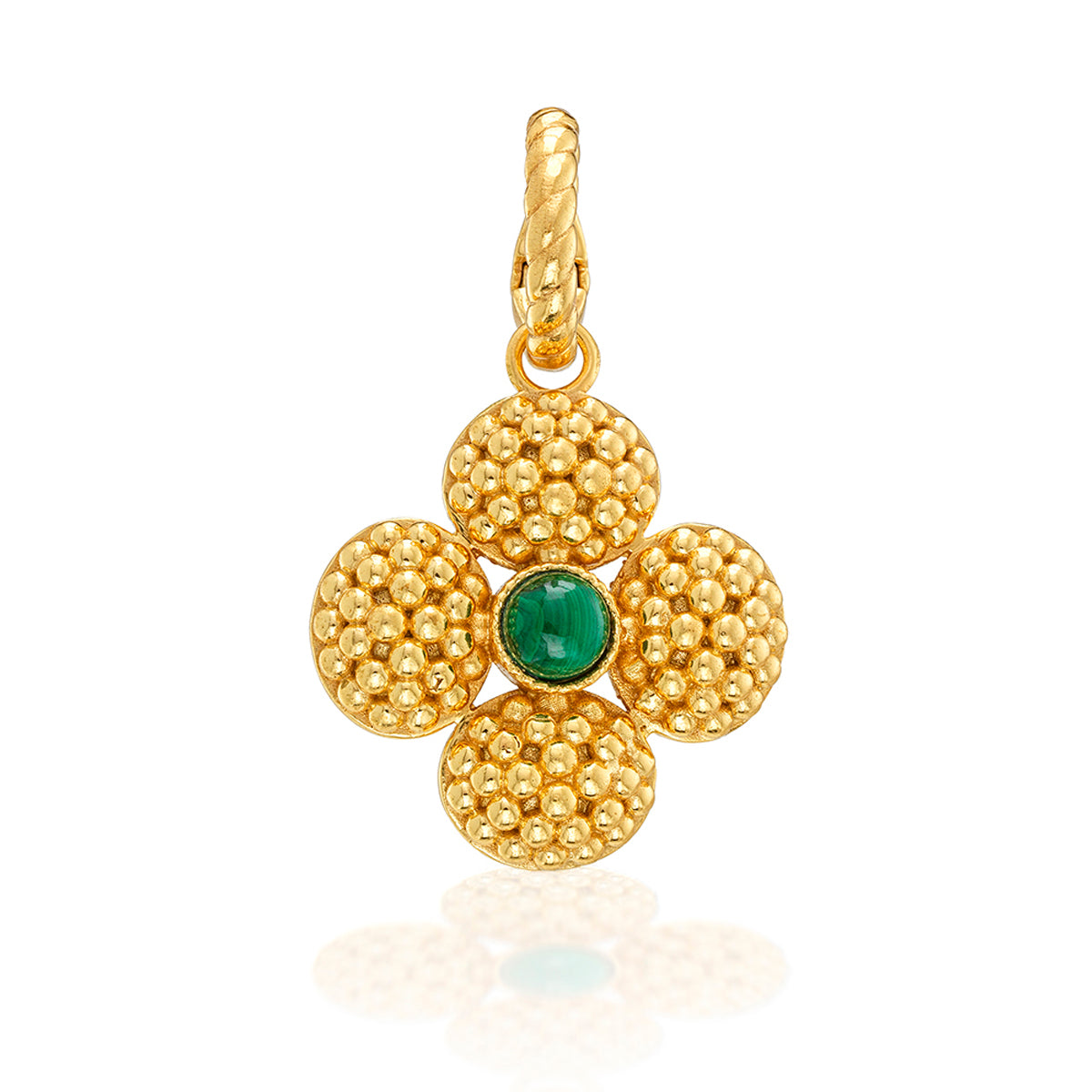 The Berry Clover Double Sided Pendant by Juliska Capucine De Wulf features a textured four-leaf clover design with a central green gemstone, creating a lucky jewelry piece that stands out against a white background.