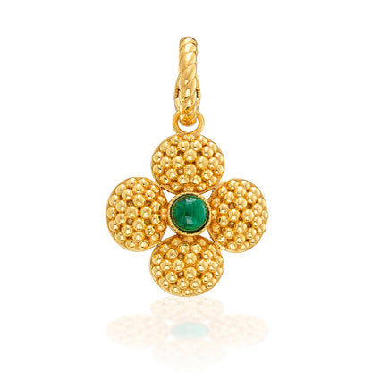 The Berry Clover Double Sided Pendant by Juliska Capucine De Wulf features a textured four-leaf clover design with a central green gemstone, creating a lucky jewelry piece that stands out against a white background.