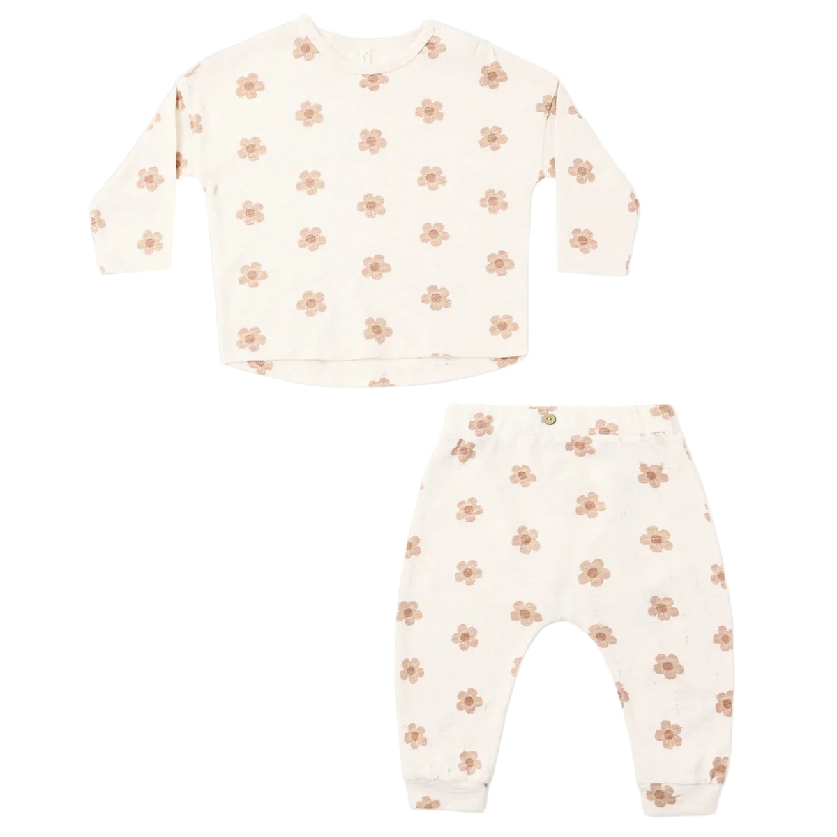Introducing the Rylee & Cru Baby Girls’ Long Sleeve Tee + Pant Set: this cream-colored two-piece outfit is made from soft cotton jersey and features a coordinating long-sleeve tee and slouch pants, both decorated with a subtle light brown floral pattern and presented against a white background.