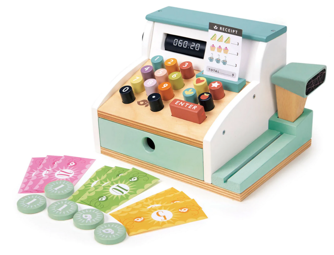 Tender Leaf Toys presents the Tenderleaf General Stores Till, a wooden toy cash register featuring vibrant buttons, a scanner, receipt slot, along with pretend money such as coins, bills, and a credit card.