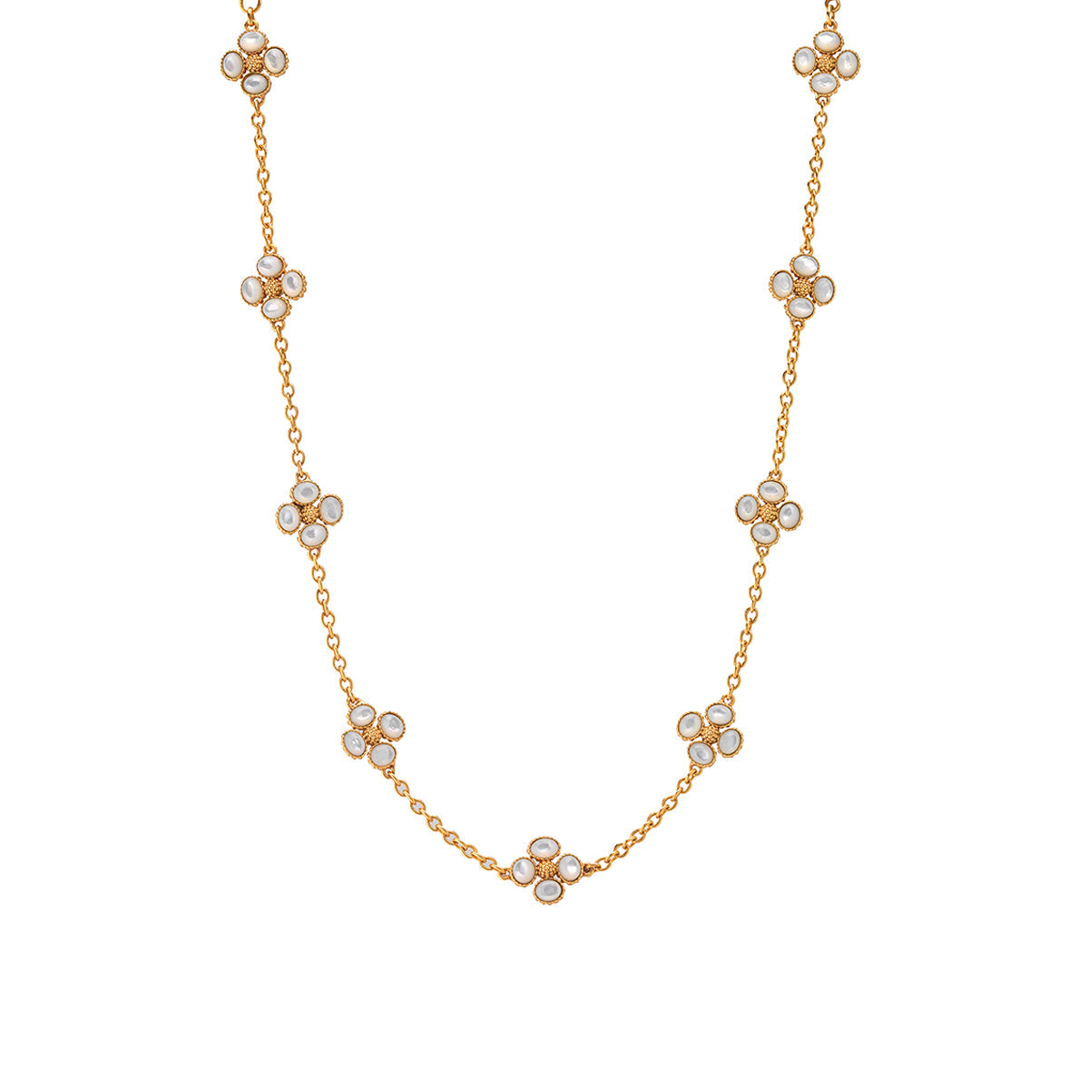 The Juliska Capucine De Wulf Berry Clover Double Sided Necklace features evenly spaced floral-shaped clusters with small round white stones set on a fine gold chain.
