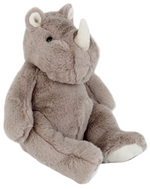The Mon Ami Ranier Rhino is a gray plush toy with a white horn, black eyes, and white foot accents. Sitting upright against a white background, it's the perfect cuddle companion for any stuffed animal collection.