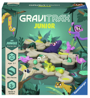 The GraviTrax Junior: My Jungle Starter Set by GraviTrax features a marble-powered jungle-themed STEM toy for ages 3-7, with animal figures, greenery, and 100 pieces shown on the box.