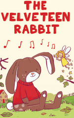 Illustration of a plush bunny in a red sweater, accompanied by a fairy. The title "Yoto Card: The Velveteen Rabbit" by Margery Williams is prominently displayed in bold red letters above, encapsulating the charm of this cherished children's bedtime story. Musical notes and greenery enhance the magical scene, brought to you by Yoto.