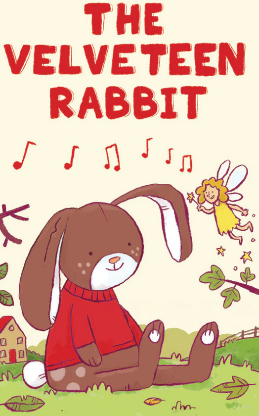 Illustration of a plush bunny in a red sweater, accompanied by a fairy. The title "Yoto Card: The Velveteen Rabbit" by Margery Williams is prominently displayed in bold red letters above, encapsulating the charm of this cherished children's bedtime story. Musical notes and greenery enhance the magical scene, brought to you by Yoto.