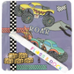Featuring two cartoon monster trucks with checkered flags and hay bales on a purple background, plus “ROAR” text, the Magic Color Changing Water Cards - Cars by Floss and Rock is an exciting travel toy. It includes reusable cards and color-changing water cards for endless creative fun, along with a white pen labeled “Floss & Rock” placed in front.