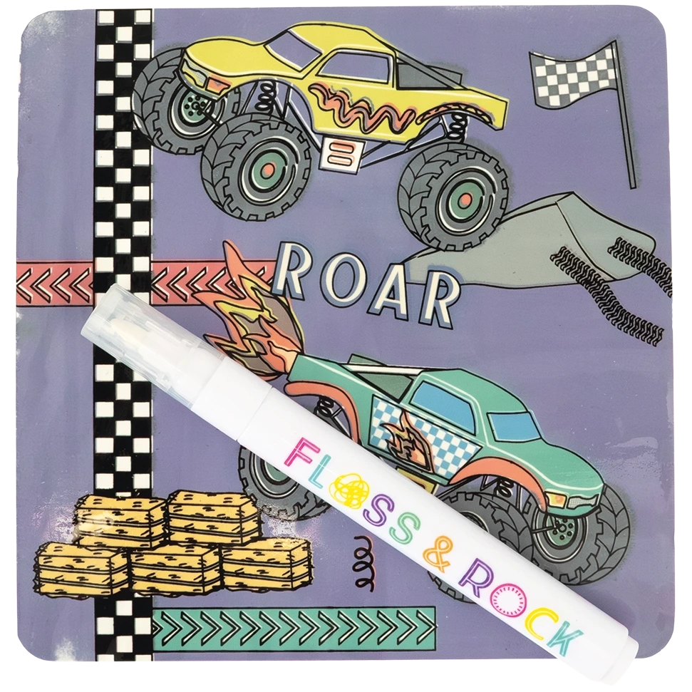 Featuring two cartoon monster trucks with checkered flags and hay bales on a purple background, plus “ROAR” text, the Magic Color Changing Water Cards - Cars by Floss and Rock is an exciting travel toy. It includes reusable cards and color-changing water cards for endless creative fun, along with a white pen labeled “Floss & Rock” placed in front.