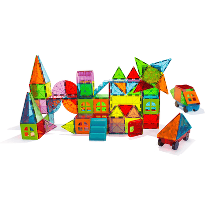 A vibrant MAGNA-TILES® Metropolis 110 Piece Set from Magnatiles forms various 3D shapes and structures, including houses and vehicles, against a white background.