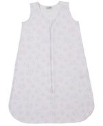The Kissy Kissy Baby Cheerful Good Night Printed Wearable Blanket is a sleeveless, soft Pima cotton layer in light pink with a front zipper and subtle cloud and sun print on white fabric.