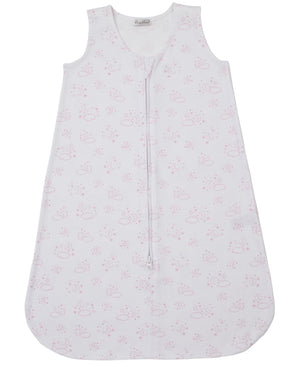 The Kissy Kissy Baby Cheerful Good Night Printed Wearable Blanket is a sleeveless, soft Pima cotton layer in light pink with a front zipper and subtle cloud and sun print on white fabric.