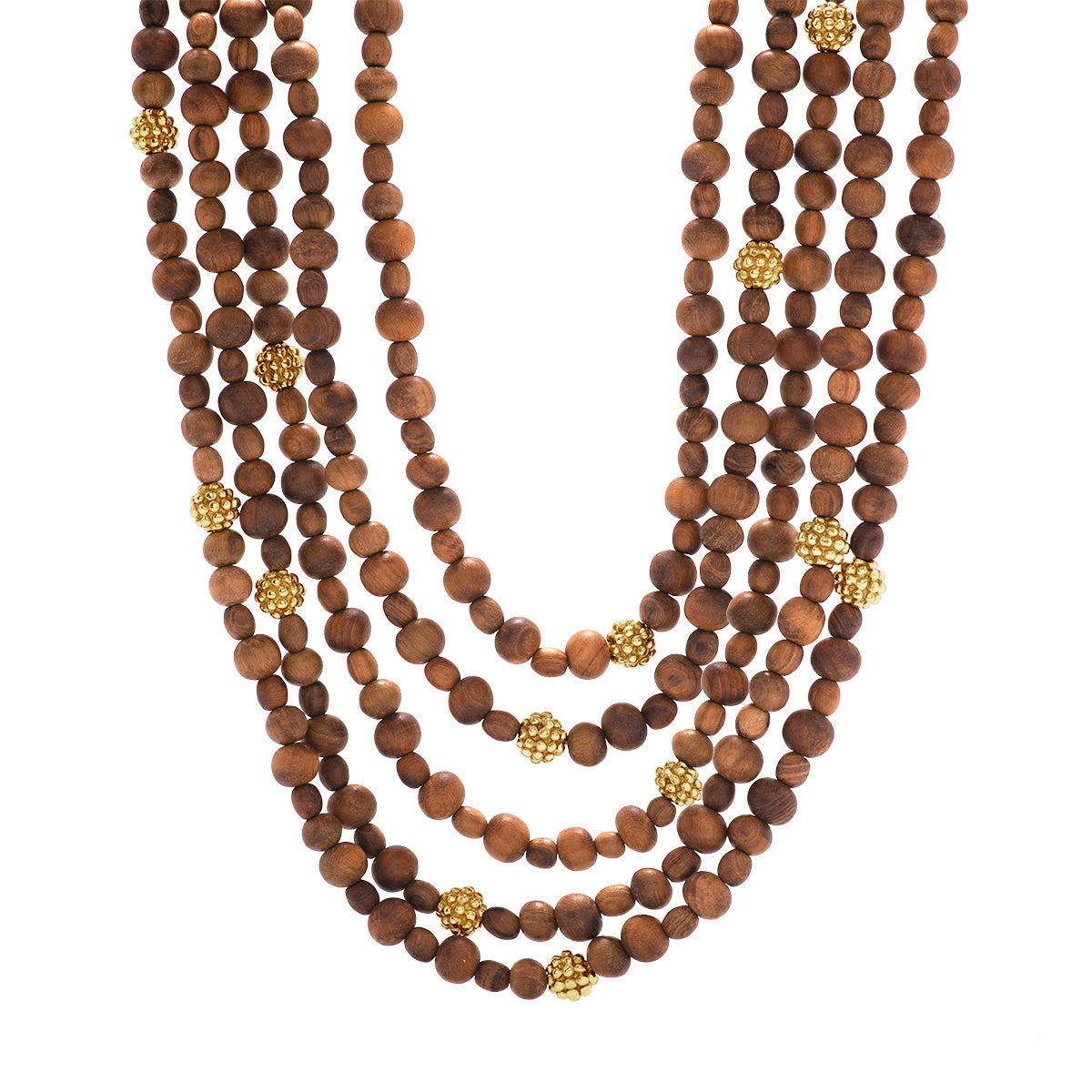 The Juliska Capucine De Wulf Earth Goddess Beads 5-Strand Necklace features hand-carved brown teak beads and gold bead clusters for a stunning, layered look.