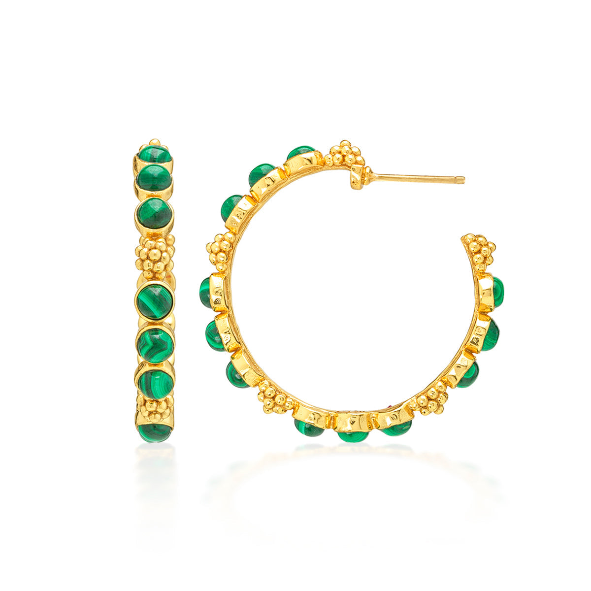 The Juliska Capucine De Wulf Berry Gem Medium Hoop Earrings feature gold hoops with green accents around the edge, shown from front and side on a white background—an elegant, feminine jewelry addition to your look.