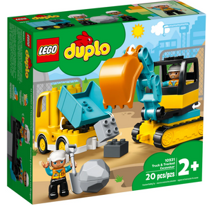 A Legos - Toyhouse LEGO® DUPLO® Truck & Tracked Excavator construction set featuring a tipper truck and tracked excavator toy with a figure, aimed at children aged 2+.