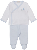 Dress your little one in the Kissy Kissy Baby Premier Puppy Paws Hand Emb. Footed Pant Set, featuring a long-sleeve white wrap top with a charming hand-embroidered blue dog design and coordinating light blue footed pants. This adorable two-piece set offers cozy comfort and style for everyday wear—a delightful addition to any baby’s wardrobe.