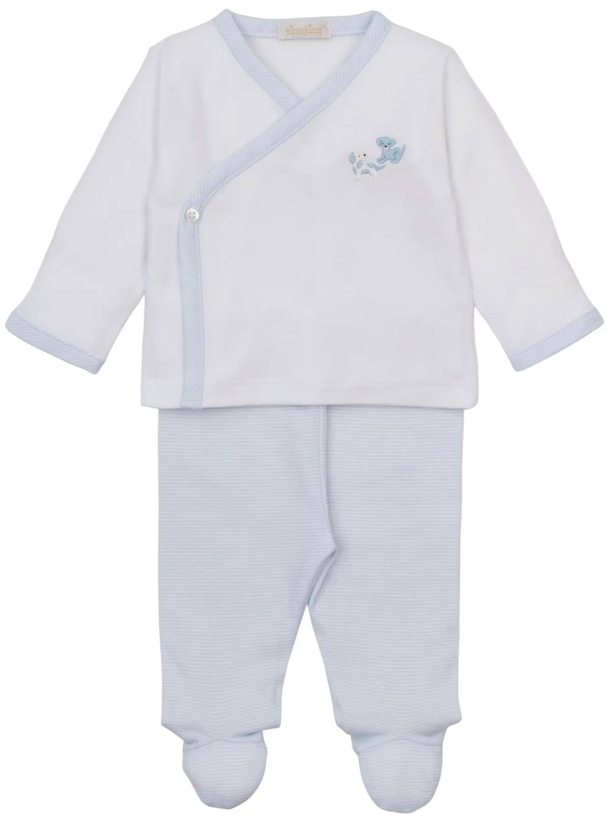 Dress your little one in the Kissy Kissy Baby Premier Puppy Paws Hand Emb. Footed Pant Set, featuring a long-sleeve white wrap top with a charming hand-embroidered blue dog design and coordinating light blue footed pants. This adorable two-piece set offers cozy comfort and style for everyday wear—a delightful addition to any baby’s wardrobe.