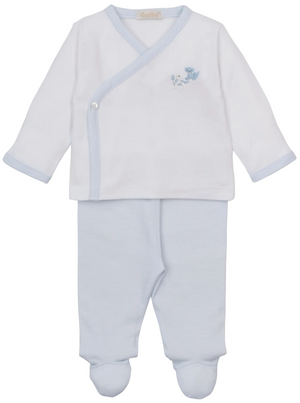 Dress your little one in the Kissy Kissy Baby Premier Puppy Paws Hand Emb. Footed Pant Set, featuring a long-sleeve white wrap top with a charming hand-embroidered blue dog design and coordinating light blue footed pants. This adorable two-piece set offers cozy comfort and style for everyday wear—a delightful addition to any baby’s wardrobe.