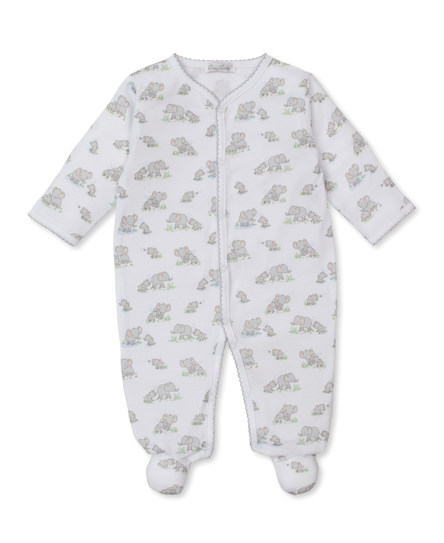 The Kissy Kissy Baby Elephant Esprit Printed Footie is a white long-sleeve sleeper for baby boys, made from soft Pima cotton and adorned with a delightful pastel elephant print.