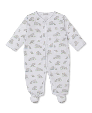 The Kissy Kissy Baby Elephant Esprit Printed Footie is a white long-sleeve sleeper for baby boys, made from soft Pima cotton and adorned with a delightful pastel elephant print.