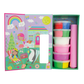 An open Princess Clay & Play kit by Floss and Rock features a colorful illustrated Rainbow Fairy cover, five vibrant containers of air dry clay in assorted colors, and a rolled-up pink mat inside.