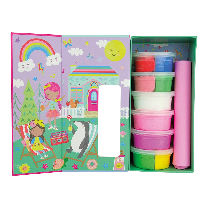 An open Princess Clay & Play kit by Floss and Rock features a colorful illustrated Rainbow Fairy cover, five vibrant containers of air dry clay in assorted colors, and a rolled-up pink mat inside.