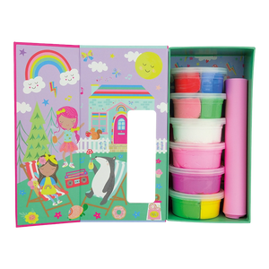 An open Princess Clay & Play kit by Floss and Rock features a colorful illustrated Rainbow Fairy cover, five vibrant containers of air dry clay in assorted colors, and a rolled-up pink mat inside.