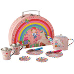 Introducing the Floss and Rock Rainbow Fairy Tin Tea Set in a Semi Circle Foiled Case—this charming children’s tea set features cups, plates, a teapot, utensils, and a carrying case. Adorned with pink hues and colorful rainbow fairy illustrations, it’s perfect for imaginative play or pretend picnics.