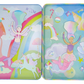 Create imaginative scenes with the Floss and Rock Fantasy Magnetic Playtime Tin, featuring a vibrant illustration of two mermaids with pastel hair, unicorns, rainbows, clouds, and candy. This magnetic tin set includes pop out magnets made from recycled materials for endless creative play in a whimsical fantasy world.