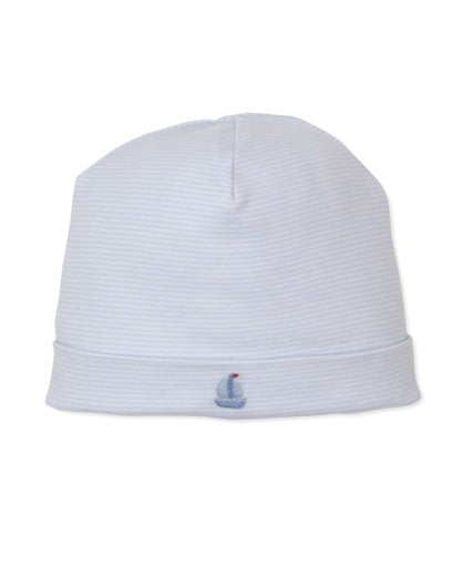 The CLB Summer Medley Striped Hat by Kissy Kissy features light blue Pima cotton with subtle horizontal stripes and a small, hand-embroidered sailboat on the front cuff.