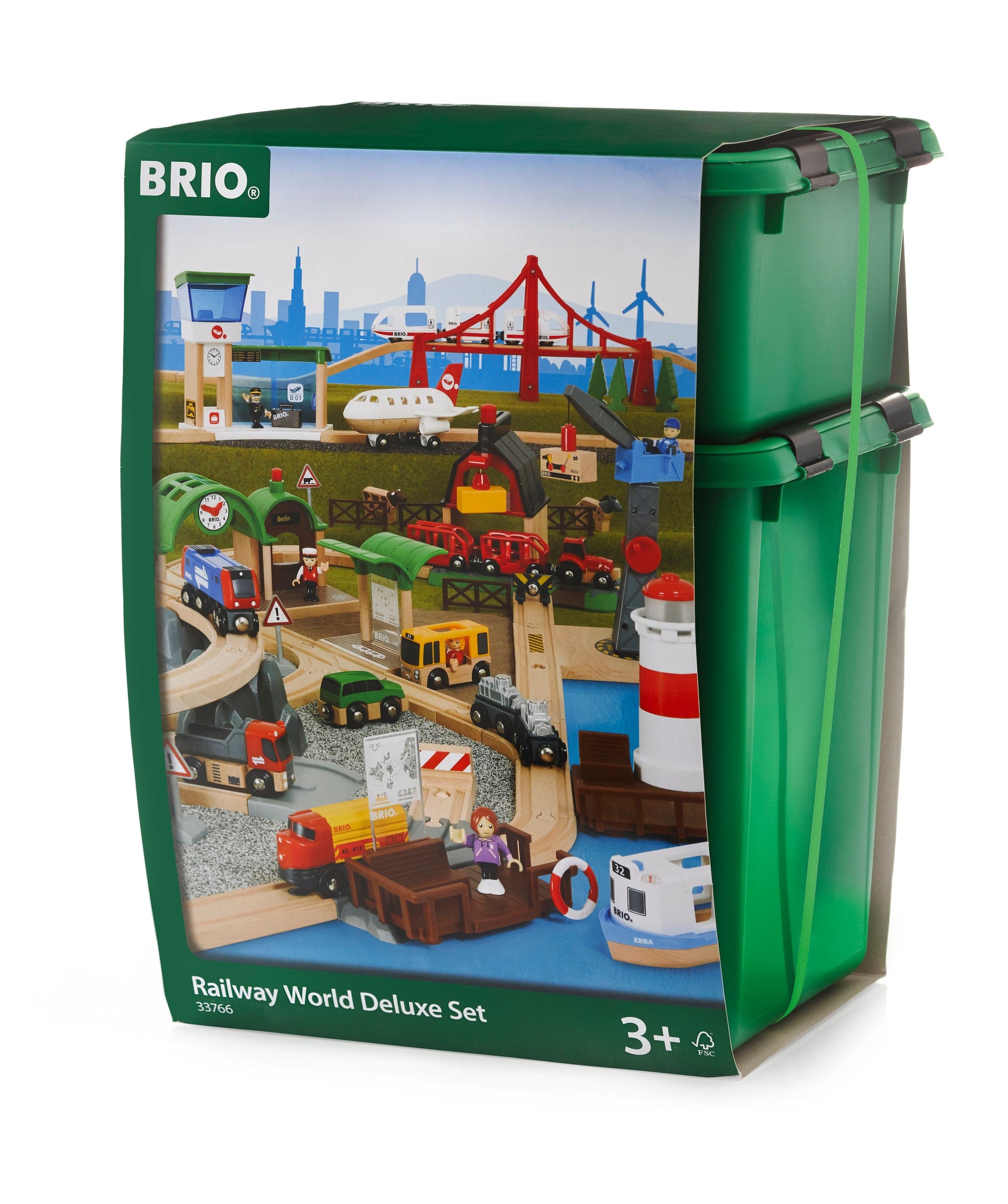 Brio Railway World Deluxe Set, offering a vibrant train set complete with wooden tracks, buildings, and diverse vehicles. Perfect for fostering imaginative play and suitable for children aged 3 and above.