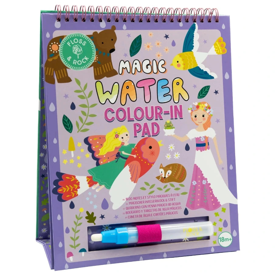 The Fairy Tale Easel Watercard and Pen by Floss and Rock is a spiral-bound, reusable coloring pad featuring fairy tale illustrations. It comes with a refillable water pen for mess-free coloring fun, and the label clearly states it is suitable for ages 18 months and up.
