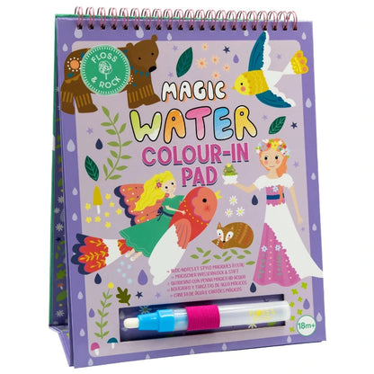 The Fairy Tale Easel Watercard and Pen by Floss and Rock is a spiral-bound, reusable coloring pad featuring fairy tale illustrations. It comes with a refillable water pen for mess-free coloring fun, and the label clearly states it is suitable for ages 18 months and up.