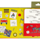 The Magic Color Changing Water Cards – Cars by Floss and Rock is an open children’s activity set featuring car-themed illustrations, reusable coloring cards, a marker pen, and sections labeled numbers, words, and scenes on a vibrant yellow background—making it the perfect travel toy to keep little ones entertained on the go.