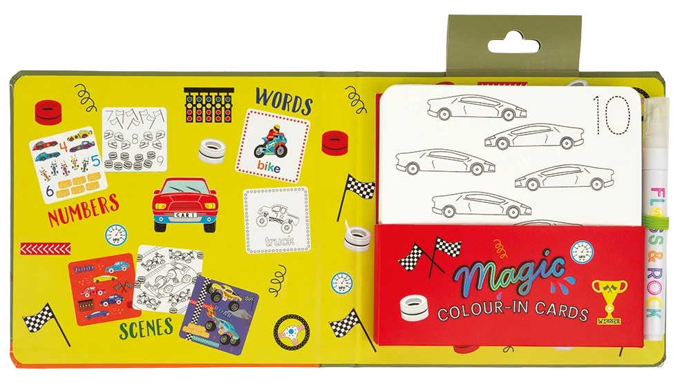 The Magic Color Changing Water Cards – Cars by Floss and Rock is an open children’s activity set featuring car-themed illustrations, reusable coloring cards, a marker pen, and sections labeled numbers, words, and scenes on a vibrant yellow background—making it the perfect travel toy to keep little ones entertained on the go.