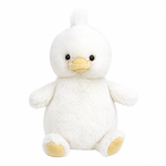 Quackers Petit Duck by Mon Ami features a white plush body, yellow beak, and yellow feet, sitting upright against a plain white background—this adorable duck plush is the perfect addition to any stuffed animal collection.