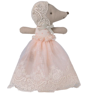 Maileg's Baby Mouse in Powder Gown features a double-sided face, a lace bonnet, and a powder pink skirt with a delicate lace overlay, standing upright against a white background.