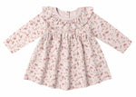 The Quincy Mae Baby Girls' and Girls' Ruffle Collar Jersey Dress features pale pink brushed jersey, a floral print, ruffled collar, and comes with coordinating bloomers for easy dressing.