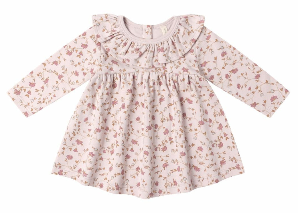 The Quincy Mae Baby Girls' and Girls' Ruffle Collar Jersey Dress features pale pink brushed jersey, a floral print, ruffled collar, and comes with coordinating bloomers for easy dressing.