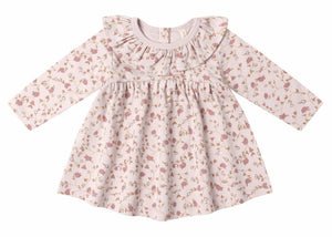 The Quincy Mae Baby Girls' and Girls' Ruffle Collar Jersey Dress features pale pink brushed jersey, a floral print, ruffled collar, and comes with coordinating bloomers for easy dressing.