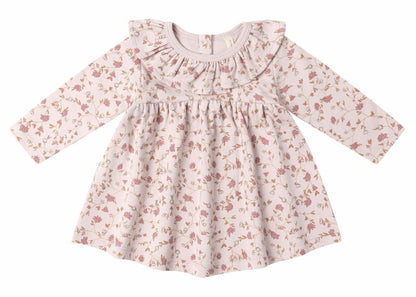The Quincy Mae Baby Girls' and Girls' Ruffle Collar Jersey Dress features pale pink brushed jersey, a floral print, ruffled collar, and comes with coordinating bloomers for easy dressing.