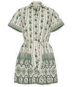 The Asbury Mini Dress by Cara Cara features short sleeves, a collar, green and white placed print, a waist tie belt, and button-down front.