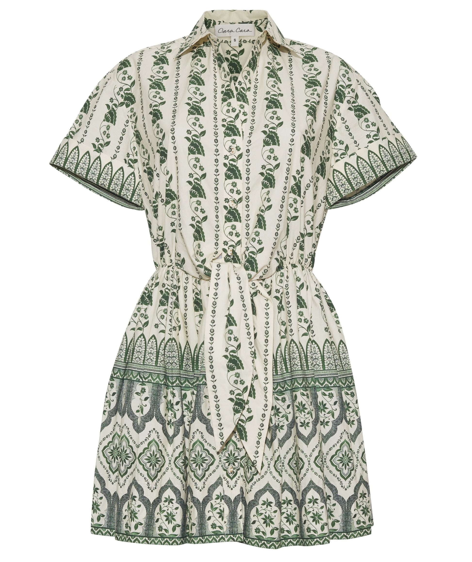 The Asbury Mini Dress by Cara Cara features short sleeves, a collar, green and white placed print, a waist tie belt, and button-down front.