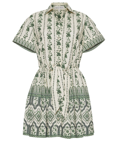 The Asbury Mini Dress by Cara Cara features short sleeves, a collar, green and white placed print, a waist tie belt, and button-down front.