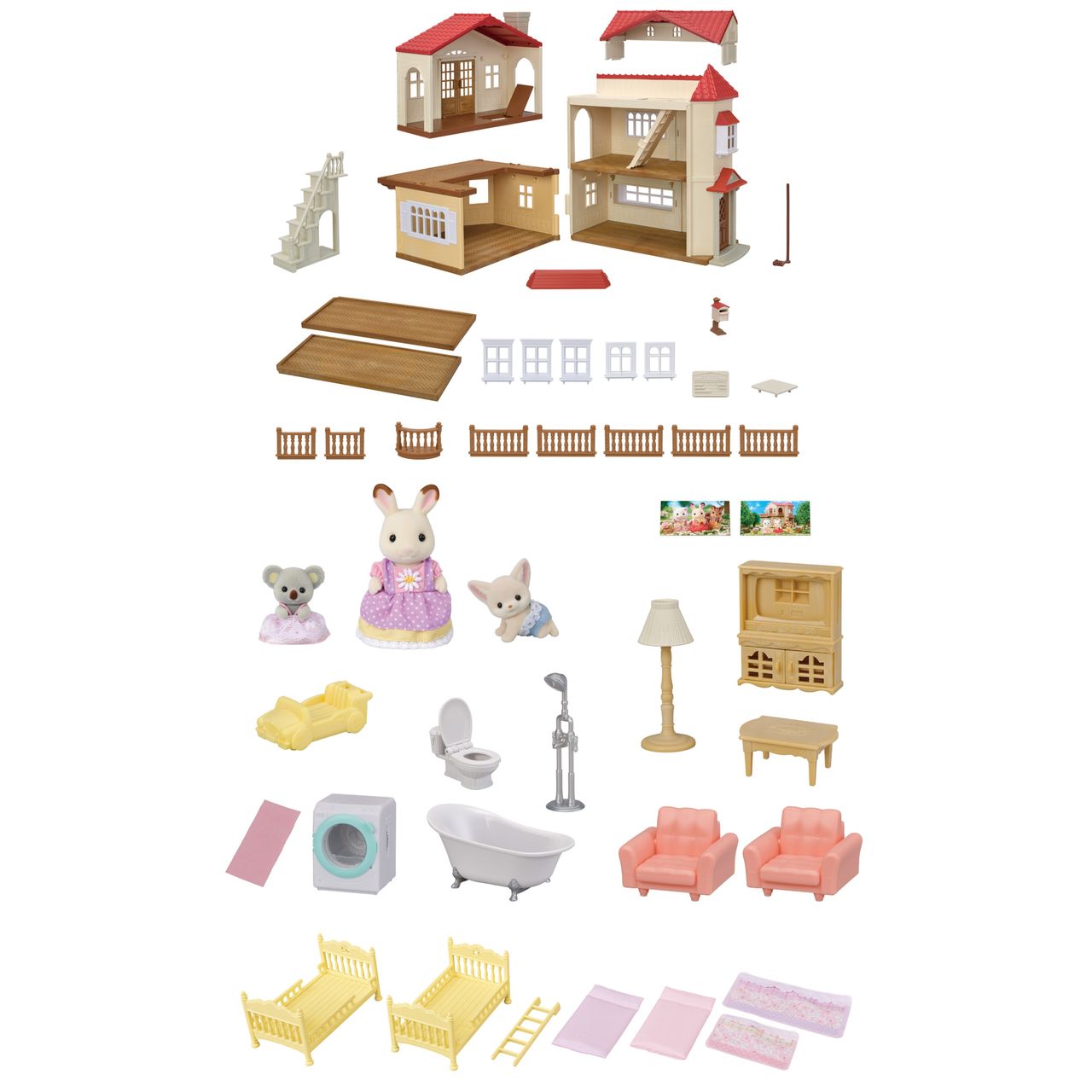 The Calico Critters Red Roof Country Home Gift Set includes assembled house pieces, animal figurines, furniture, small accessories, and beds all arranged neatly on a white background.