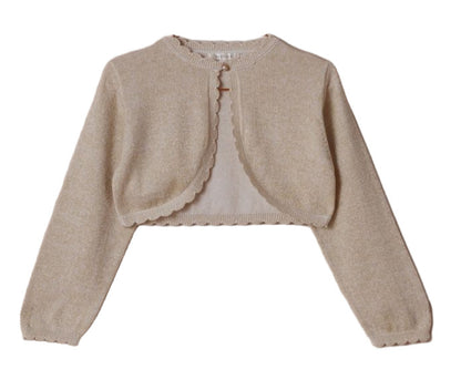 Noralee Girls' Bolero Sweater – a beige, long-sleeve, open-front cropped cardigan with scalloped edges, shown flat on a white background; an adorable choice for any little ballerina.