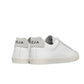 A pair of VEJA Esplar Leather Womens Sneakers in white leather, featuring grey suede heel tabs displaying the brand name "Veja.