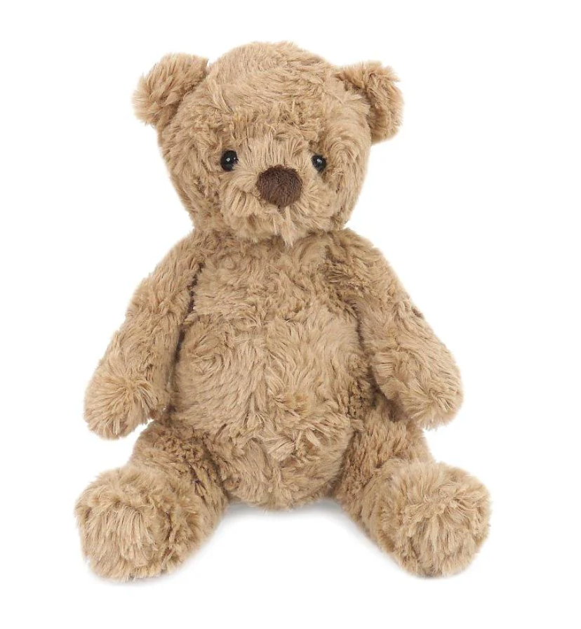 Mon Ami’s Huggie Bear sits upright facing forward on a plain white background, featuring round ears, black eyes, and a dark brown nose—an ultra-soft plush children’s stuffed animal perfect for snuggling.