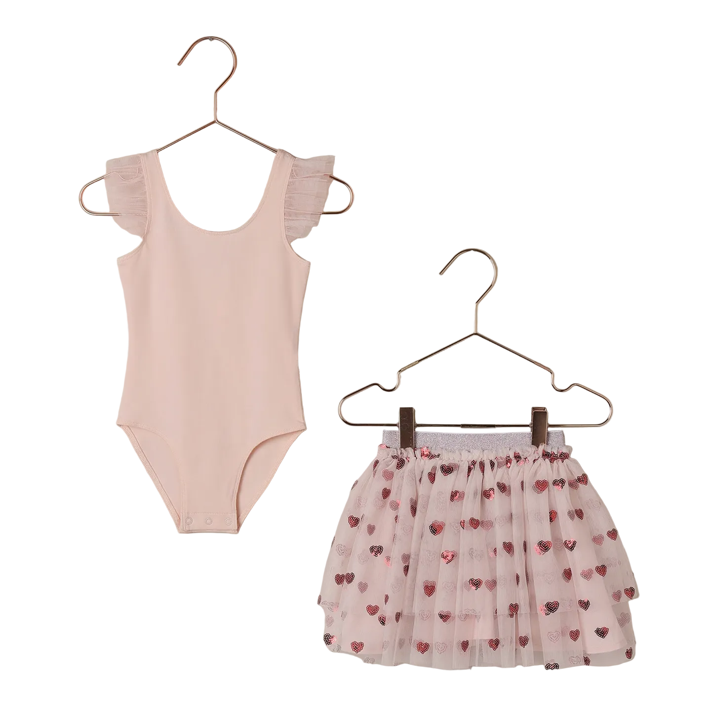 The Noralee Baby Girls' & Girls' Aurora Tutu Set features a pale pink ruffled flutter sleeve leotard and a white tulle skirt with pink heart patterns, shown on hangers against a white background.