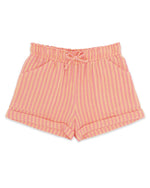 Feather 4 Arrow Girls’ Salty Short in pink and yellow stripes features an elastic waist with drawstring tie, side pockets, and rolled cuffs, shown laid flat on a white background for an effortlessly casual style.