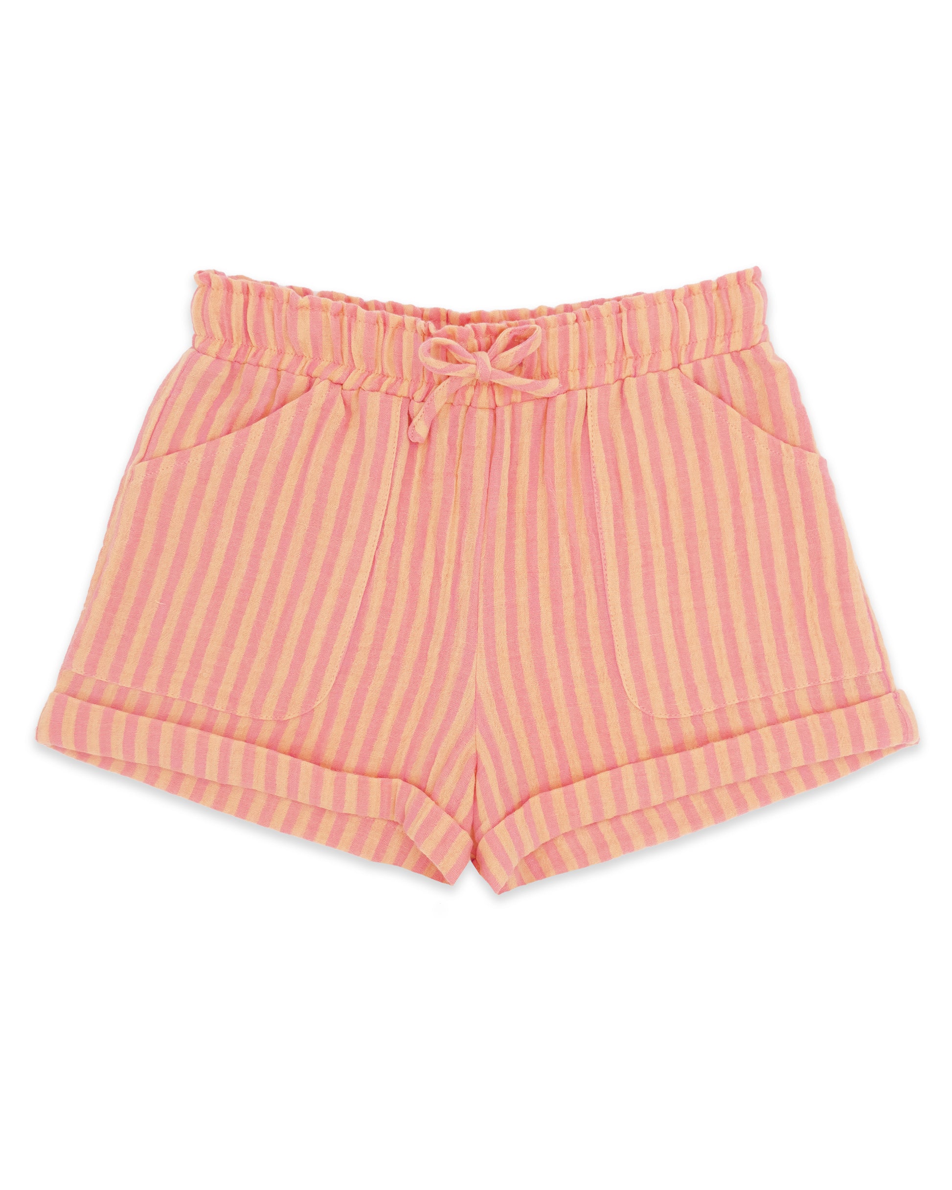 Feather 4 Arrow Girls’ Salty Short in pink and yellow stripes features an elastic waist with drawstring tie, side pockets, and rolled cuffs, shown laid flat on a white background for an effortlessly casual style.